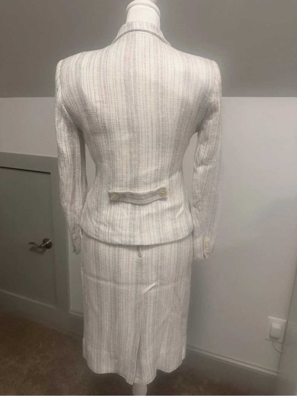 Christian Dior Vintage Petites Skirt Suit Set White Textured Striped Blazer Sz2